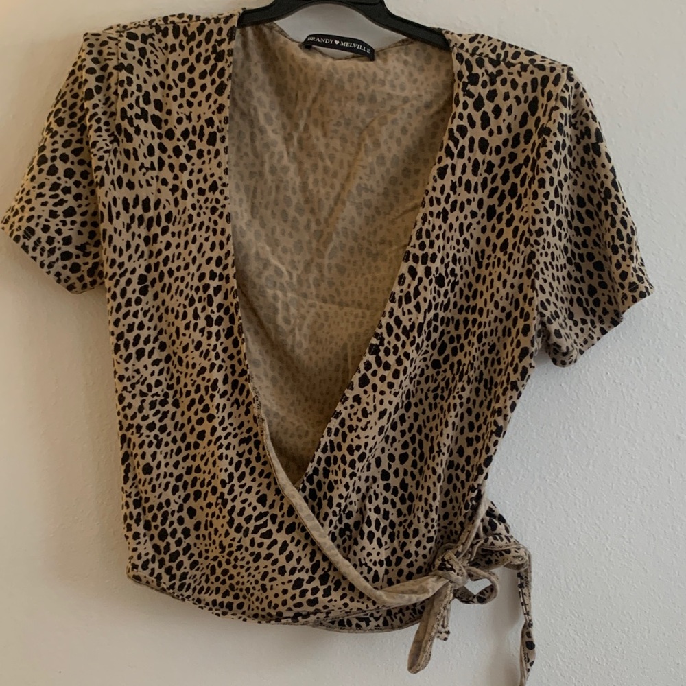 Brandy Melville Tan and Black Animal Print Wrap Blouse - Preloved